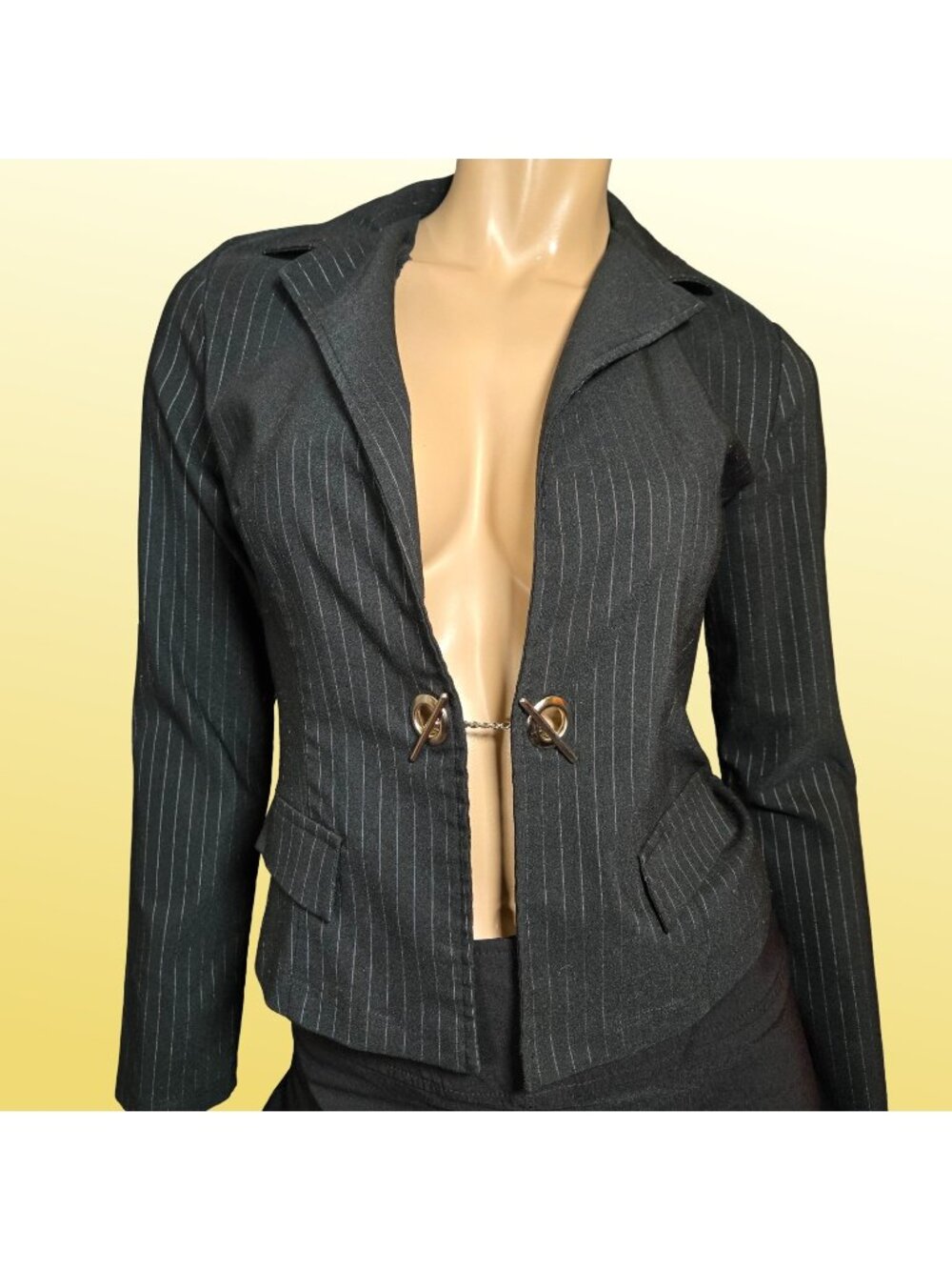 Y2K Fitted Blazer Size S Black Pinstripe Grommets Chain Detail Office Siren